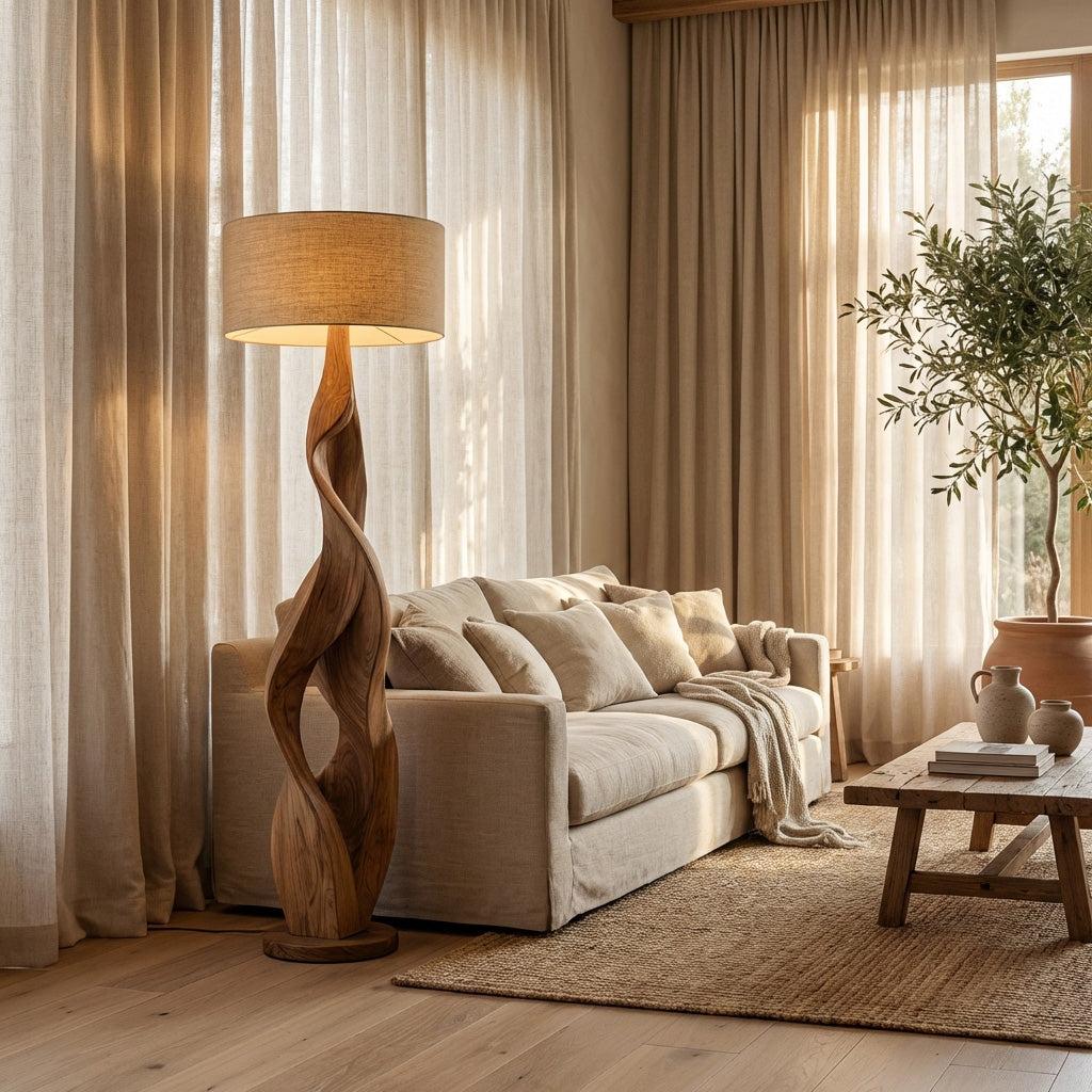 Sculptural Wooden Floor Lamp with Fabric Shade, Modern Solid Wood Standing Night Light for Bedroom Cozy Corner, Model