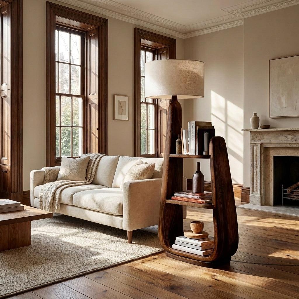Mid-Century Wooden Floor Lamp with Integrated Storage Shelves, Modern Standing Light for Living Room, Model