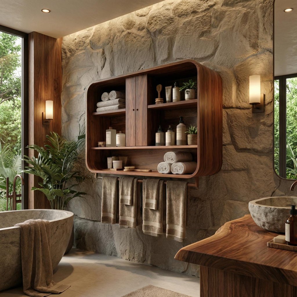 Minimalist Bathroom Cabinet, Solid Natural Wood Wall-Mounted Storage Organizer Cupboard