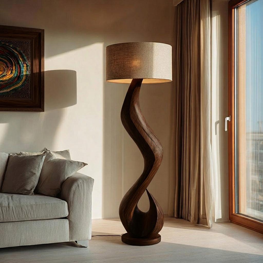 Modern Wooden Floor Lamp with Flowing Organic Form, Tall Standing Accent Light for Living Room Corner, Model