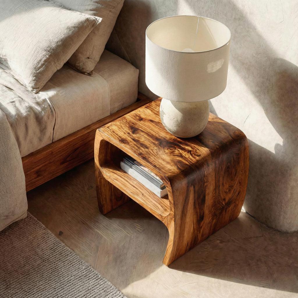Spry Interior Modern Sculptural Wooden Nightstand with Open Storage Shelf, Unique Organic Bedside Table, Model RTTHHNNS025