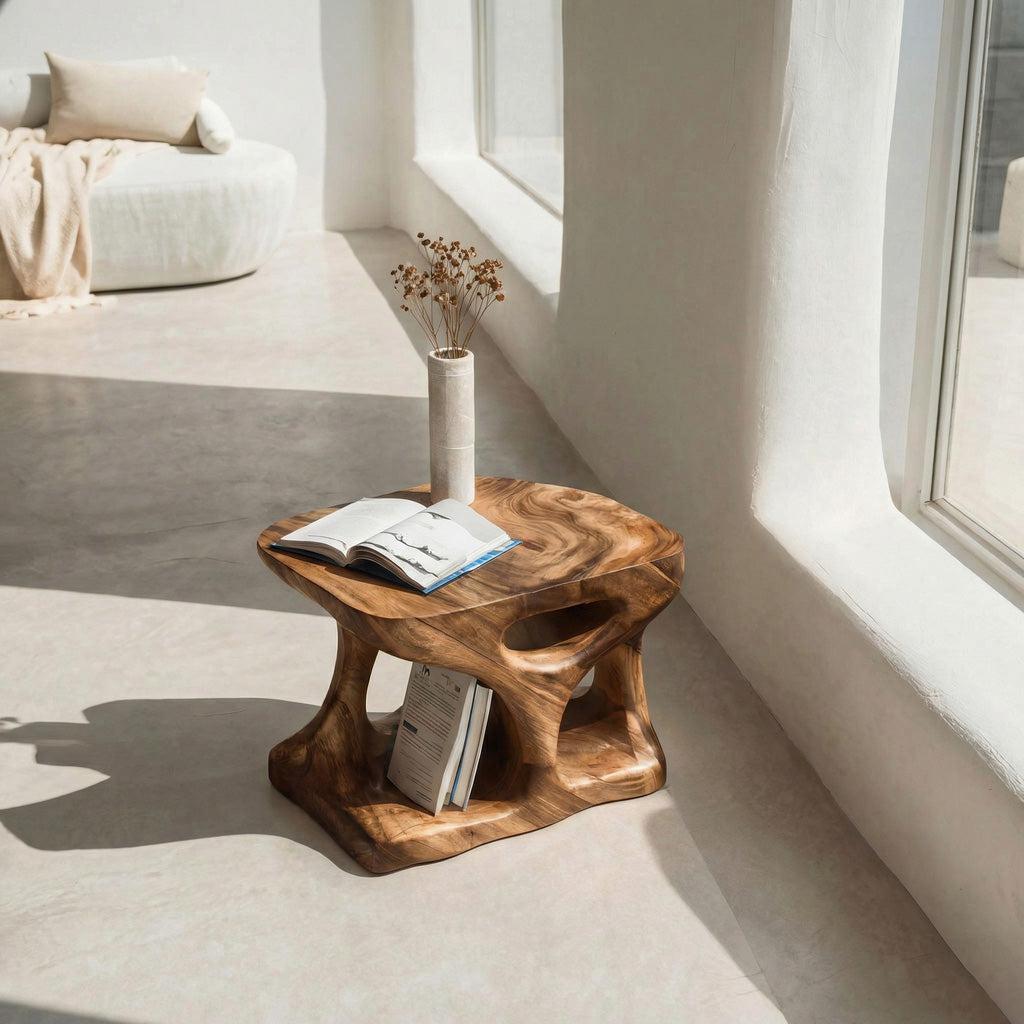 Scandinavian Wooden Side Table, Minimalist Curved End Table with Open Storage Shelf for Living Room, Model