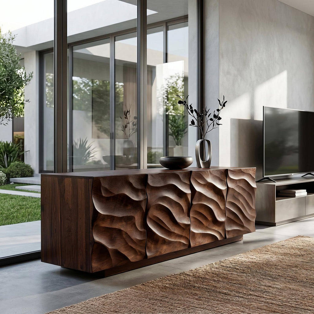Artistic Carved Wooden Cabinet, Luxury Handcrafted Solid Wood Sideboard Credenza for Elegant Living Spaces, Model
