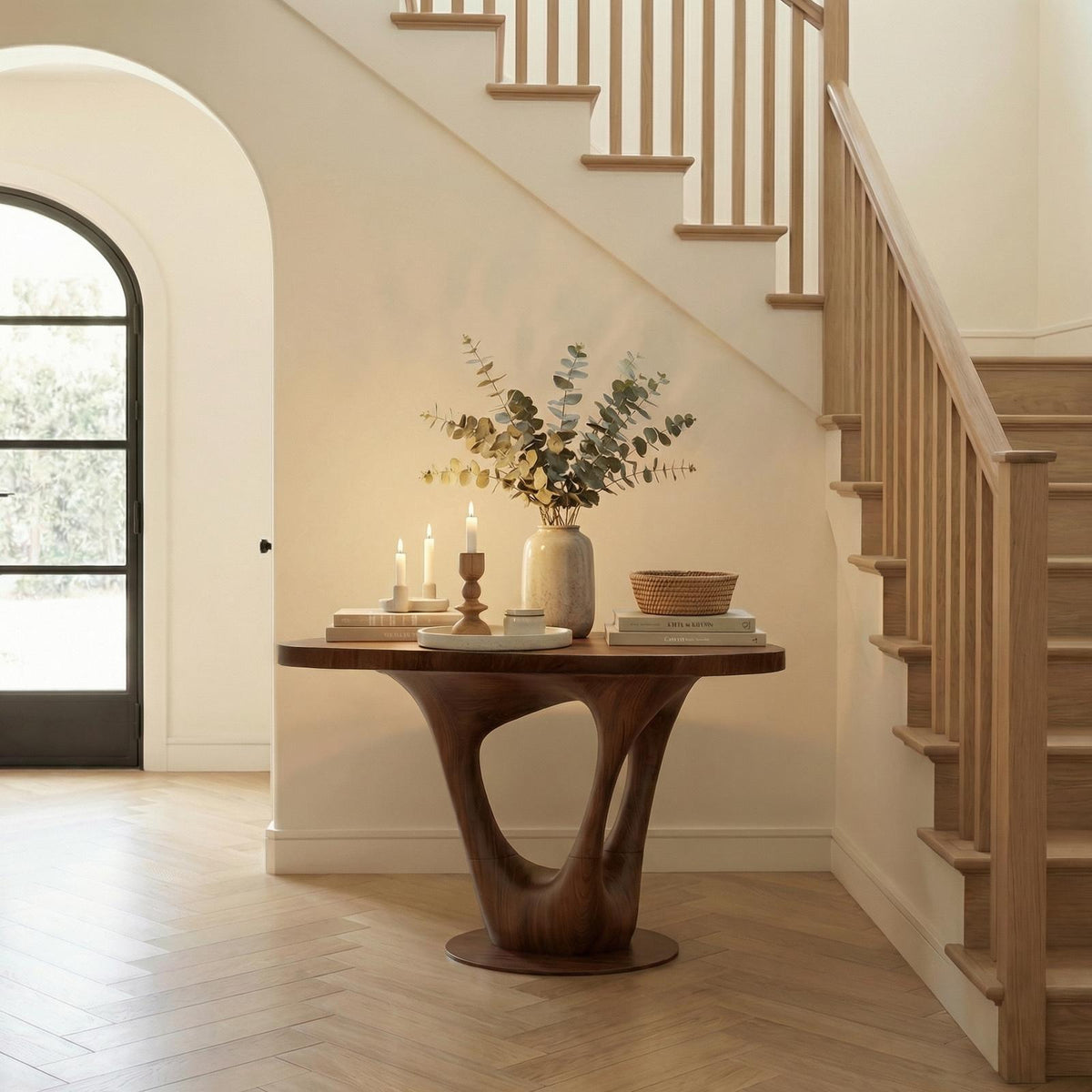 Sculptural Contemporary Entryway Foyer Table, Solid Wood Artistic Accent Table for Hallway Decor
