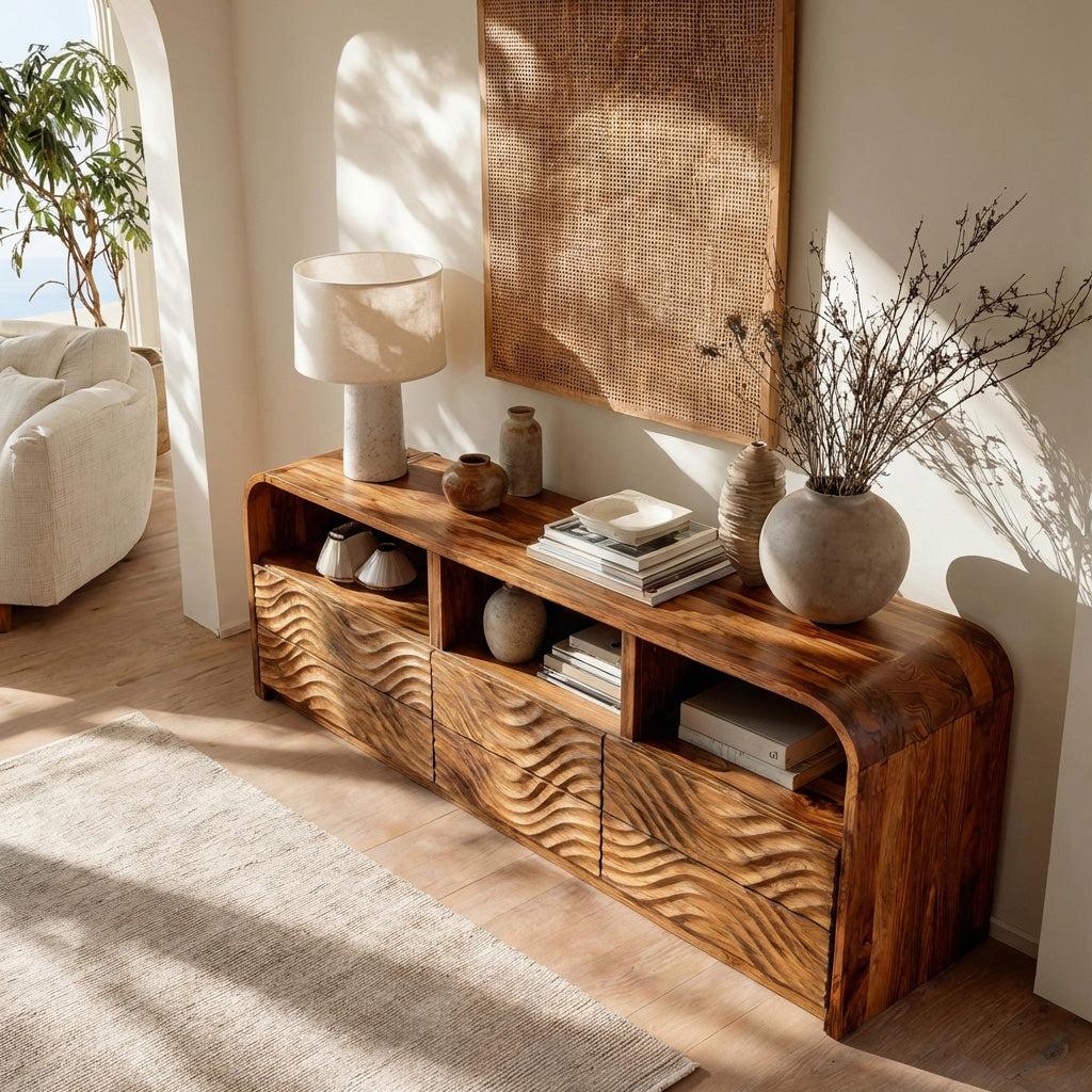Luxury Natural Wood Sideboard, Handcrafted Solid Wood Credenza Storage Cabinet & Buffet for Living Room, Model