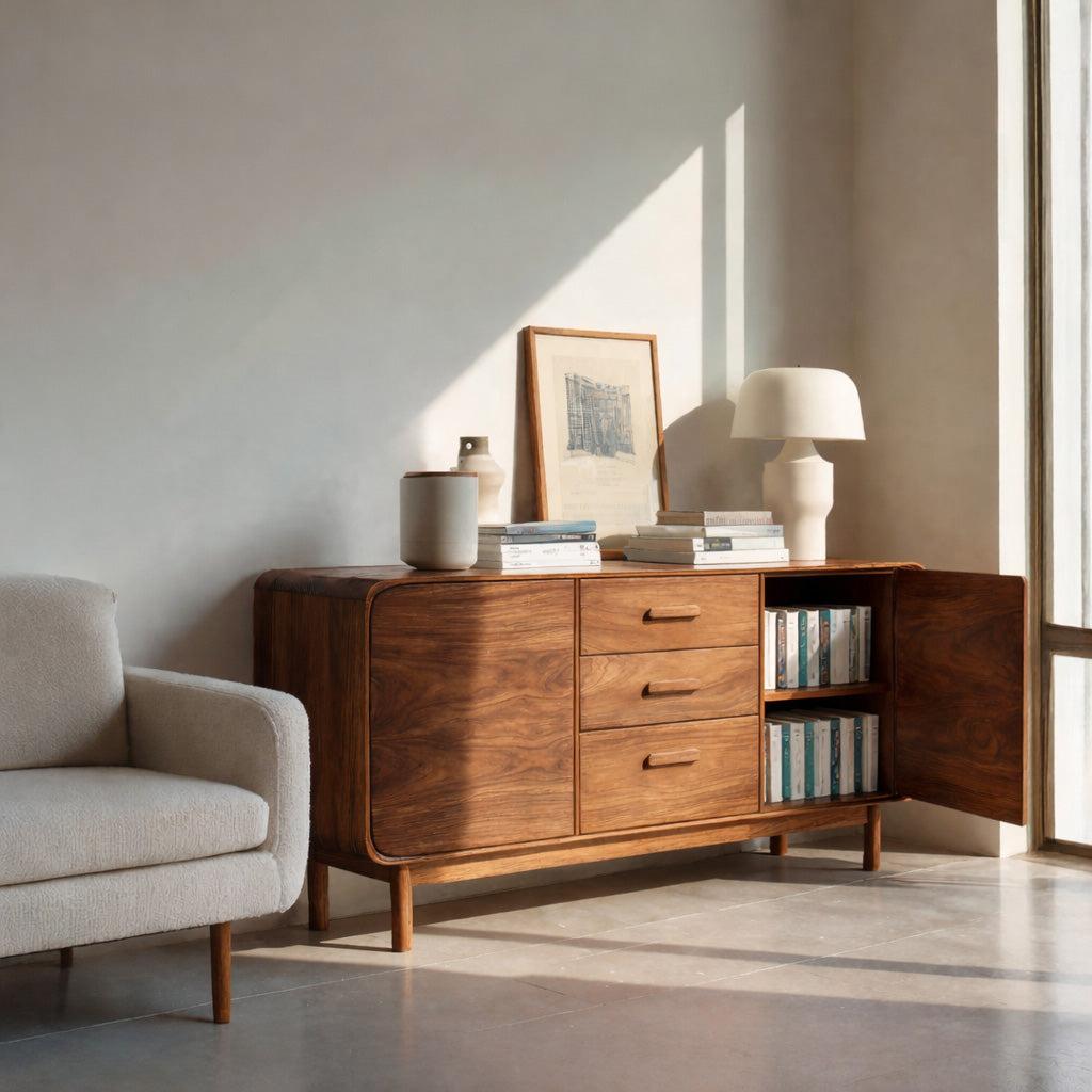 Spry Interior Modern Organic Sideboard with Center Drawers, Handcrafted Solid Wood Credenza Buffet Cabinet for Living Room, Model RTTHHNSD017
