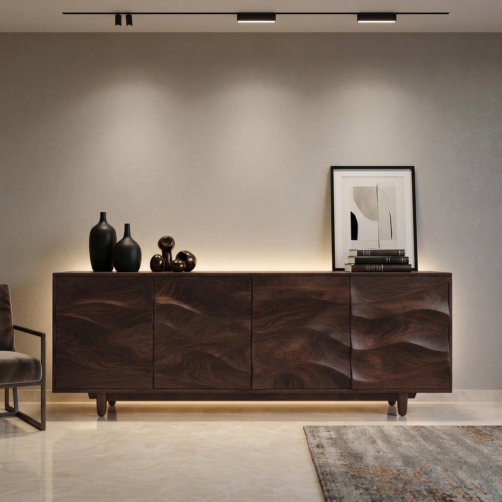 Rustic Wooden Sideboard with Undulating Doors, Handcrafted Solid Wood Credenza Storage Cabinet for Living Room, Model