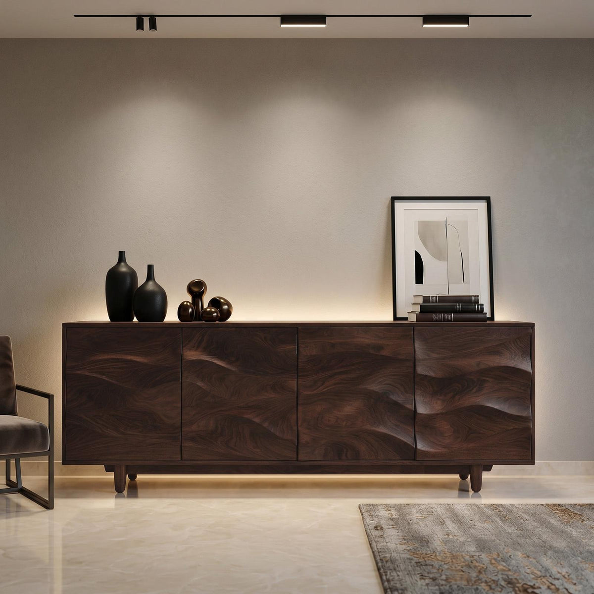 Rustic Wooden Sideboard with Undulating Doors, Handcrafted Solid Wood Credenza Storage Cabinet for Living Room, Model