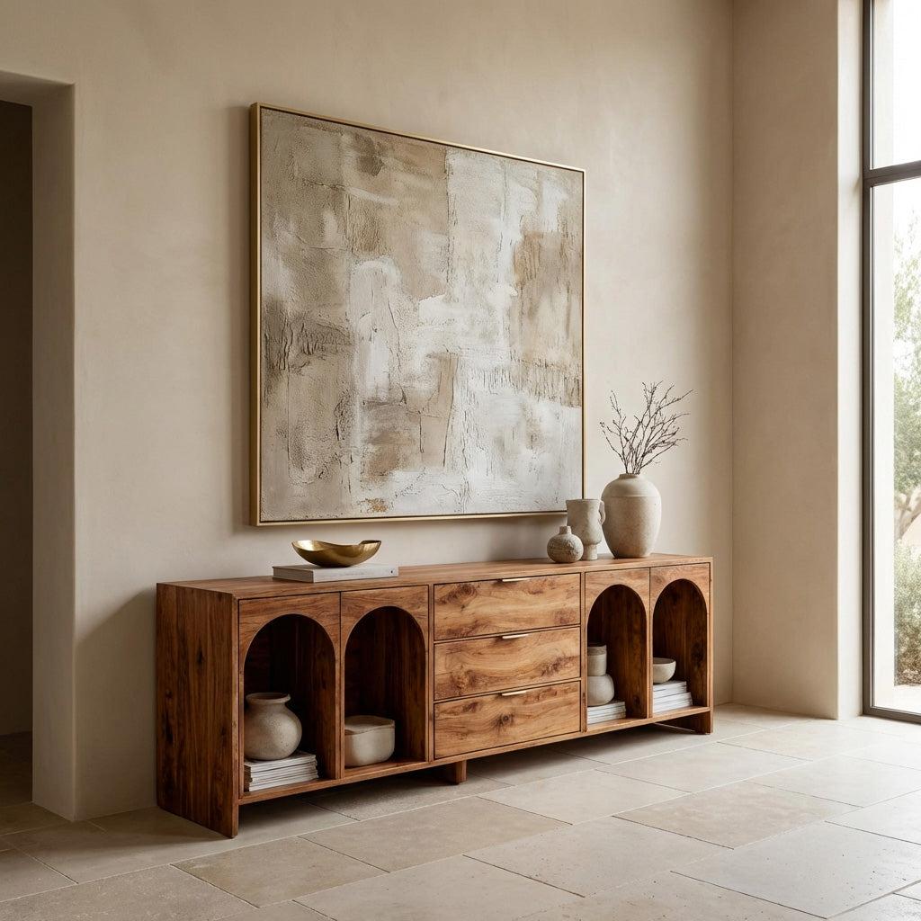 Spry Interior Modern Wooden Sideboard with Arched Compartments, Handcrafted Solid Wood Credenza Cabinet for Living Room, Model RTTHHNSD033