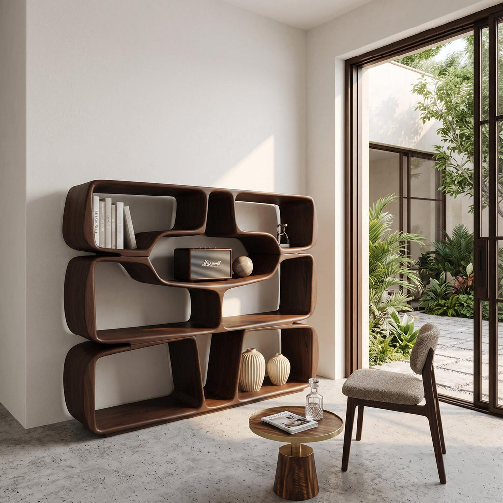 Modern Sculptural Bookshelf with Organic Curves, Handcrafted Solid Wood Standing Bookcase for Living Room & Office