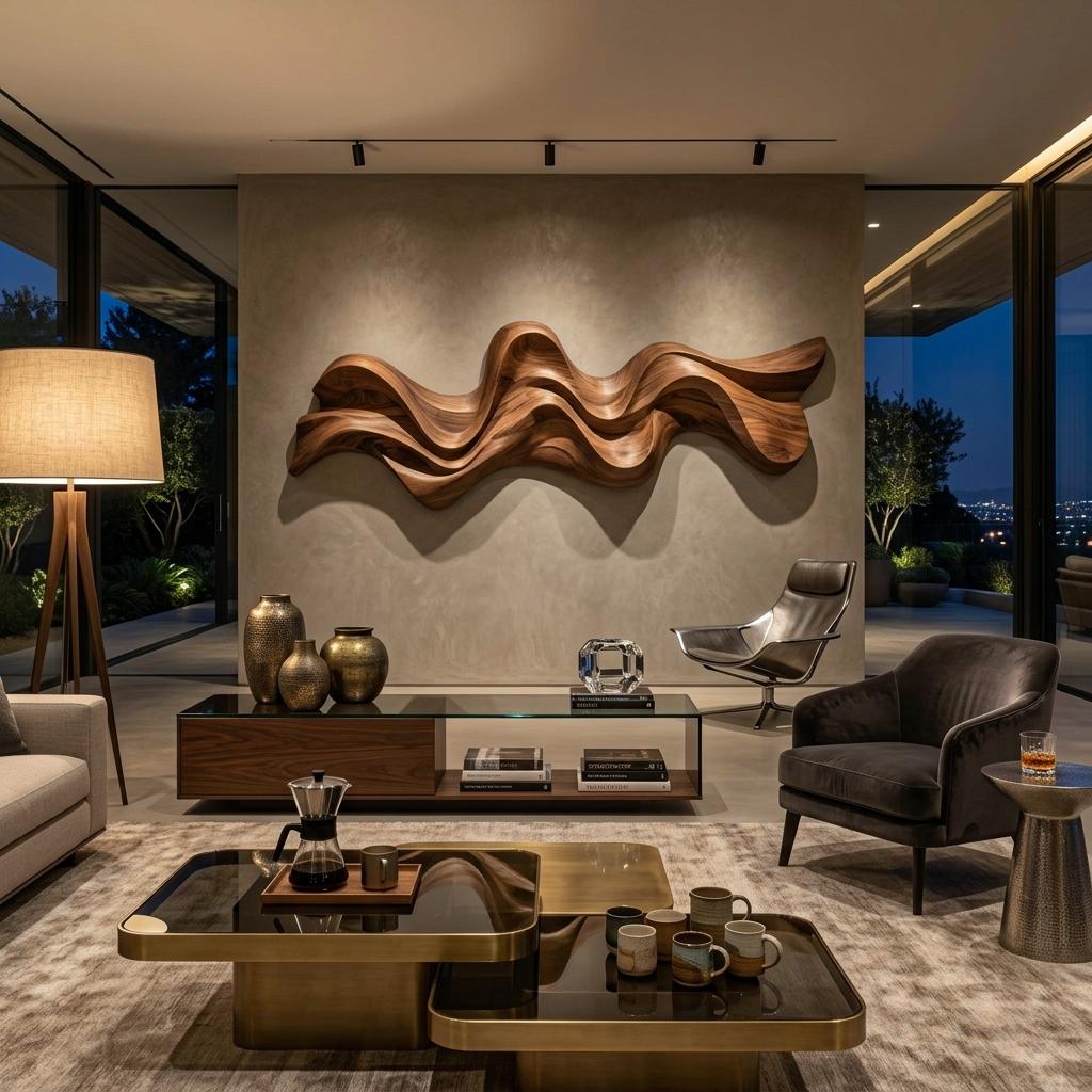 Modern Wavy Wall Art Sculpture, 3D Abstract Fluid Wave Carved Wood Wall Panel for Living Room & Office Decor