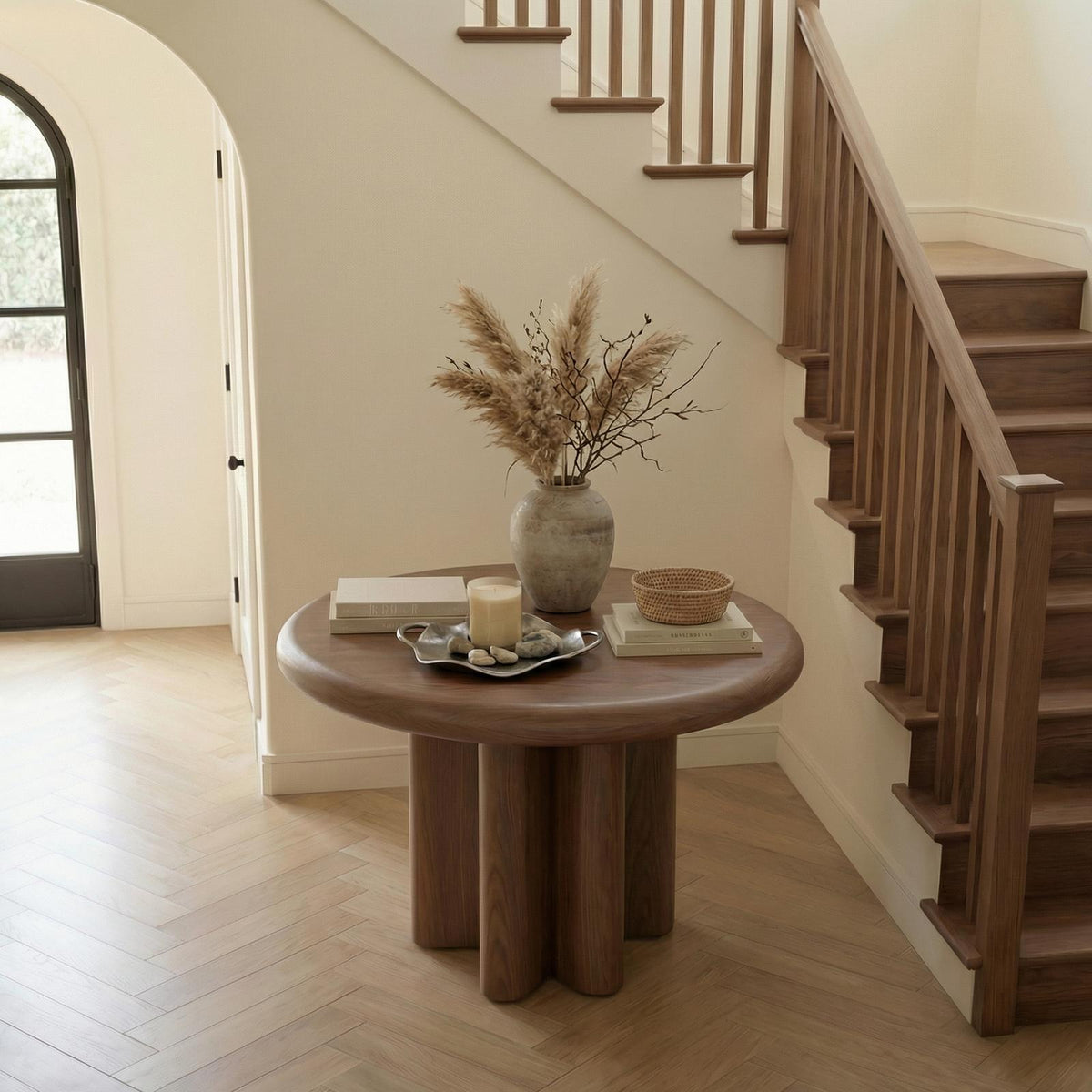 Modern Minimalist Round Entryway Foyer Table, Solid Wood Hallway Center Table for Home Decor