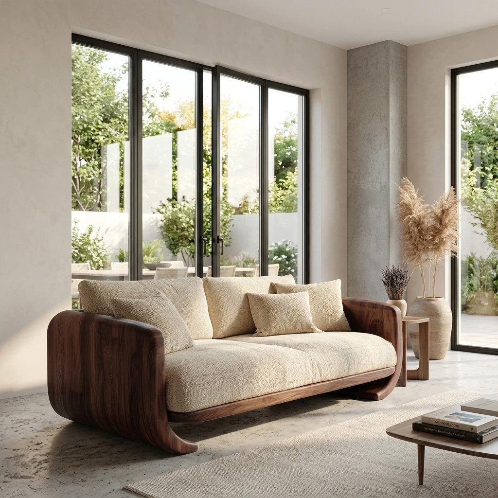 Organic Modern Curved Wood Sofa, Contemporary Lounge Settee, Artistic Designer Couch for Living Room Decor