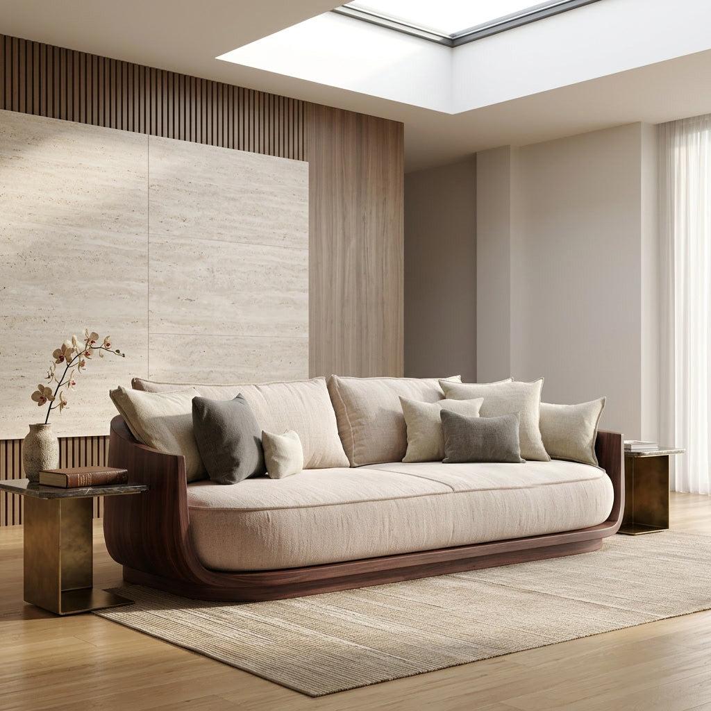 Modern Wooden Sofa with Flowing Rounded Edges, Contemporary Settee Loveseat, Living Room Designer Couch