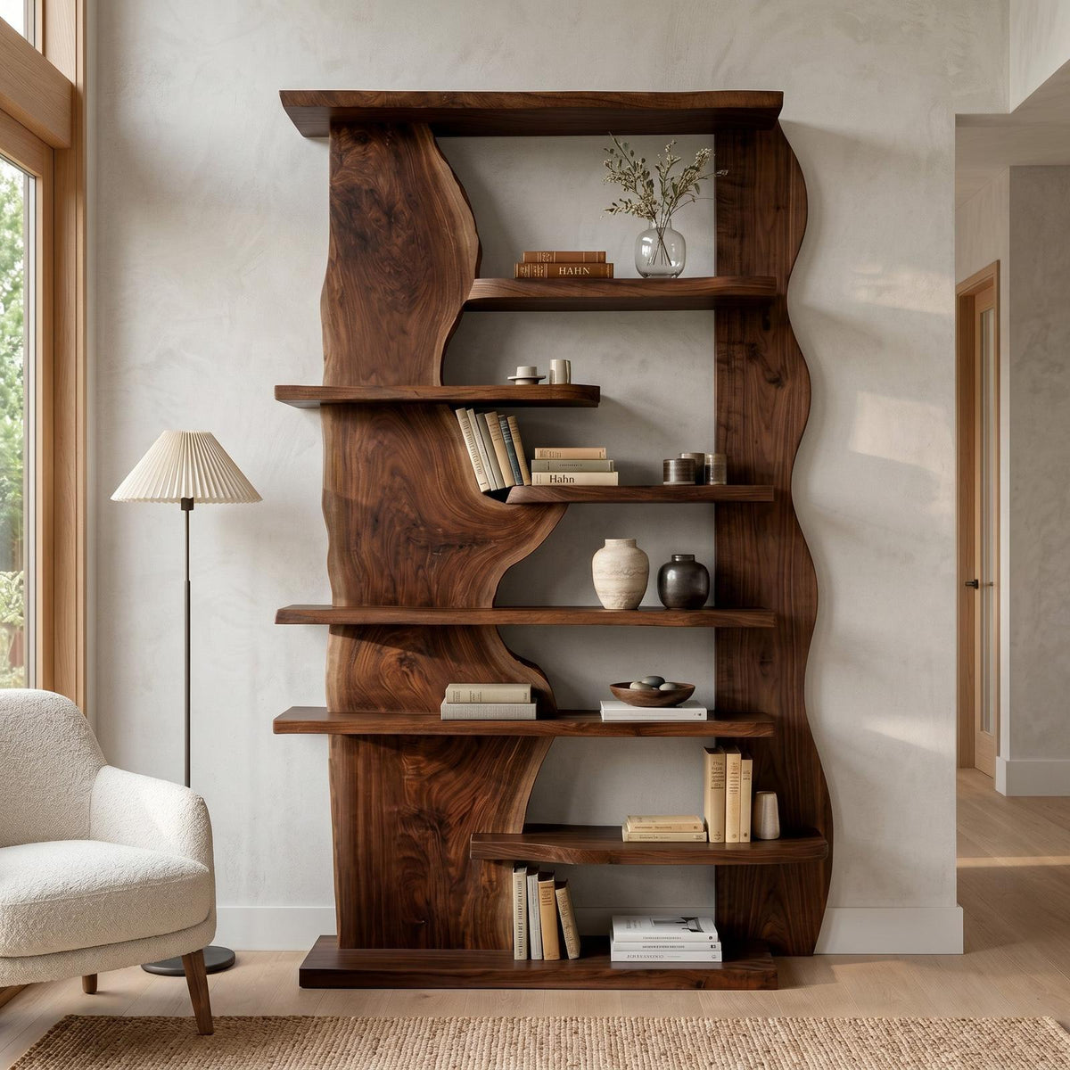 Organic Live Edge Wooden Standing Shelf, Rustic Tiered Bookcase Natural Slab Wood Display Rack for Living Room