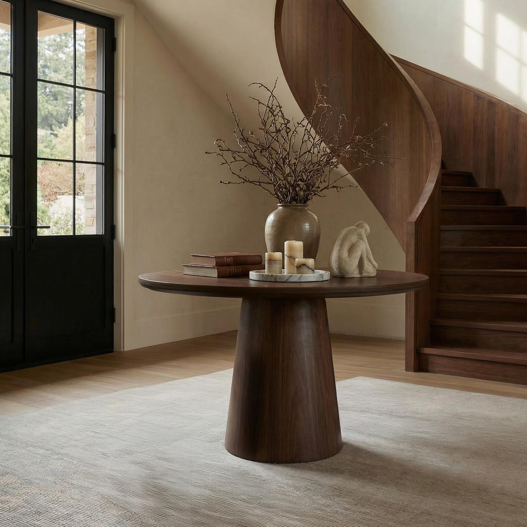 Minimalist Round Entryway Table, Solid Wood Modern Foyer & Hallway Accent Pedestal Table