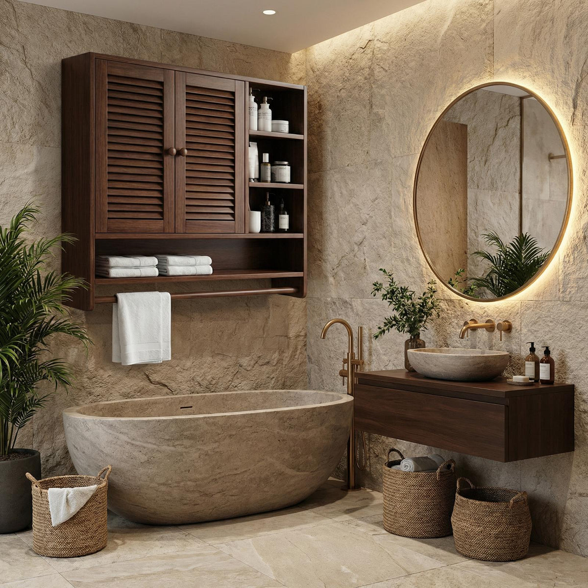 Rustic Bathroom Cabinet, Solid Wood Wall-Mounted Storage Organizer Cupboard for Bathroom