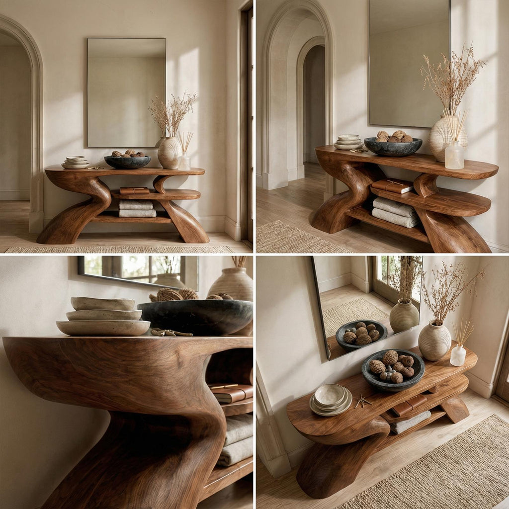 Rustic Artistic Style Console Table, Natural Solid Wood Sofa Table for Living Room & Entryway