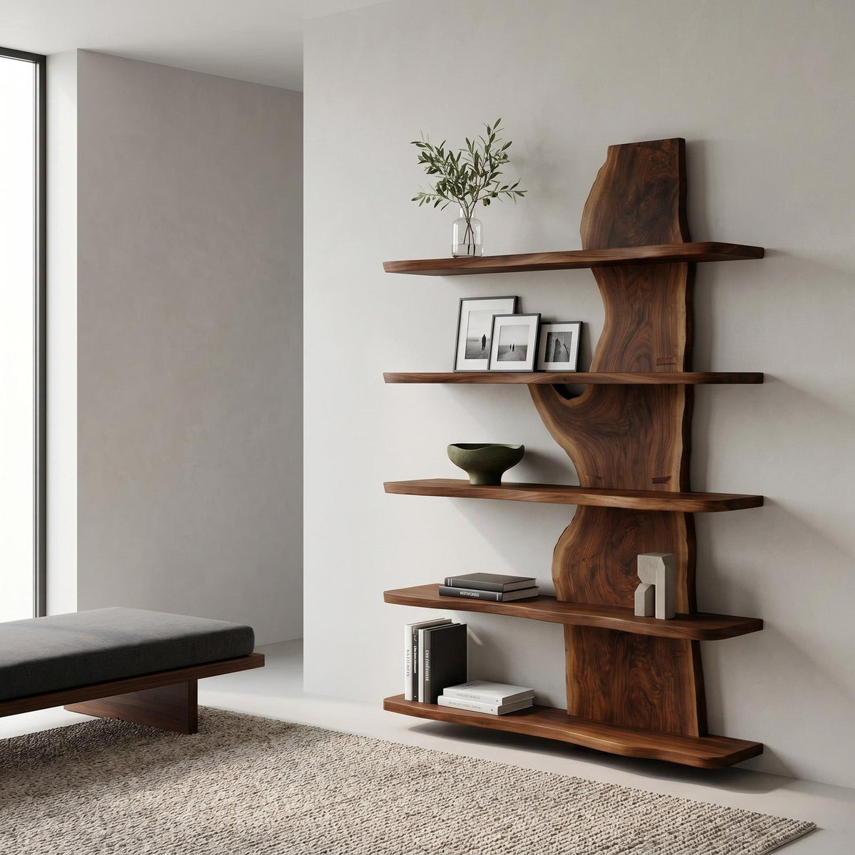 Handcrafted Natural Wood Standing Shelf, Rustic Tiered Bookcase Display Organizer, Artisan Timber Storage Rack