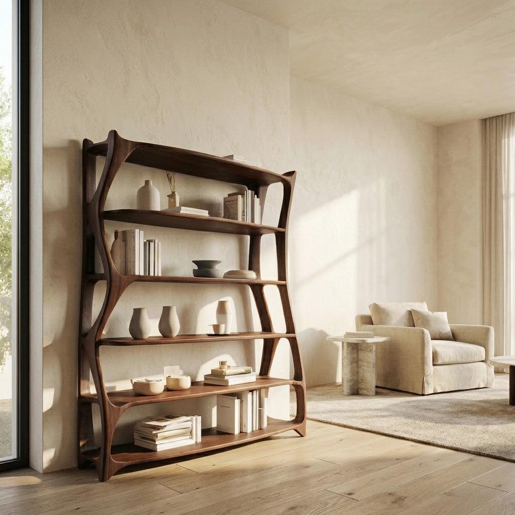 Elegant Wooden Standing Shelf with Storage Tiers, Modern Timber Bookcase Display Rack for Living Room Decor