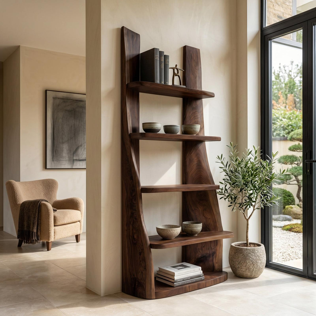 Mid-Century Wooden Bookshelf, Retro Timber Storage Display Shelving Rack for Apartment Living Room