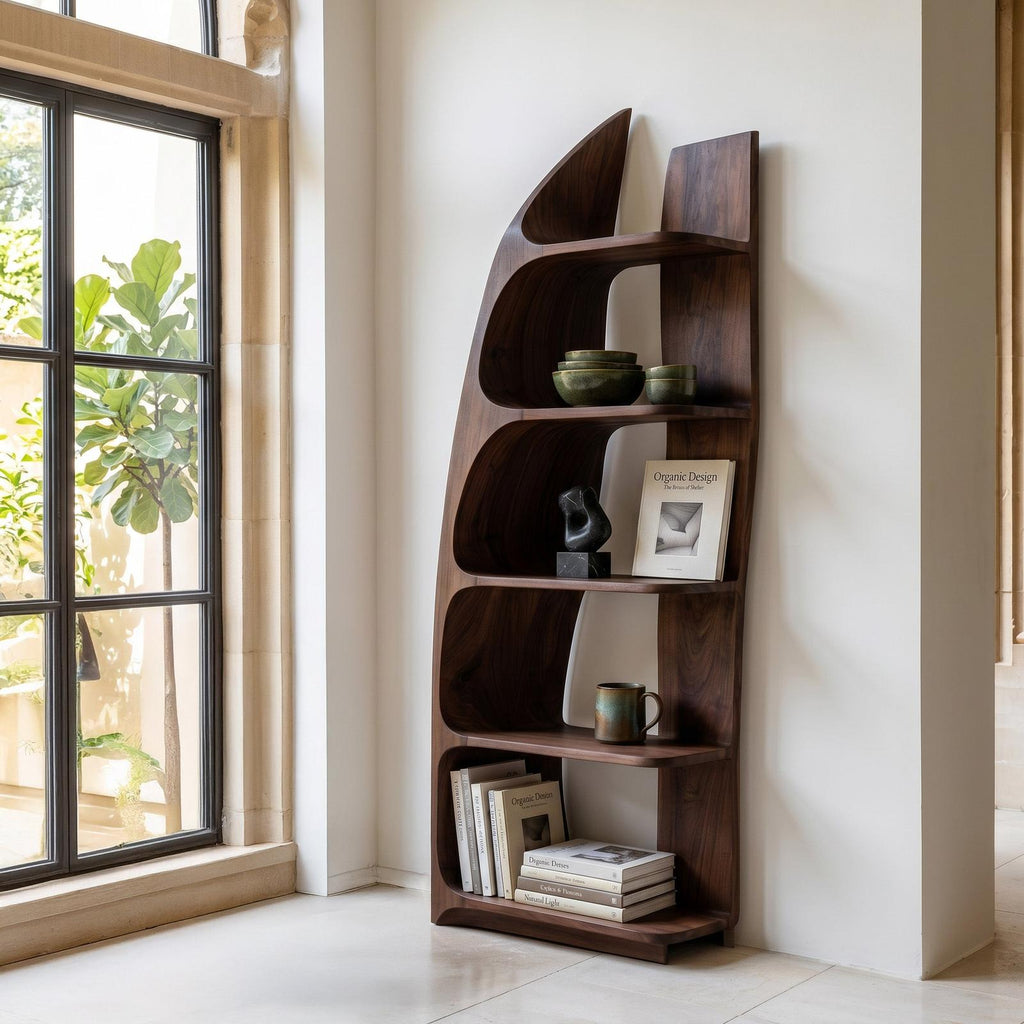 Organic Sculptural Wooden Standing Shelf, Artistic Tiered Bookcase Display Rack for Entryway Hallway Decor