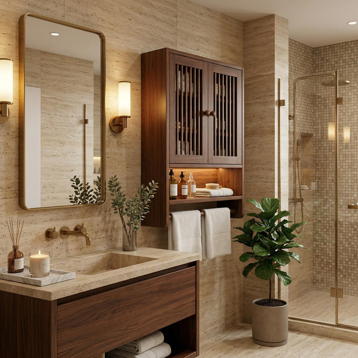 Bathroom Cabinet with Shelves, Solid Wood Wall Storage Organizer Cupboard for Bathroom Space