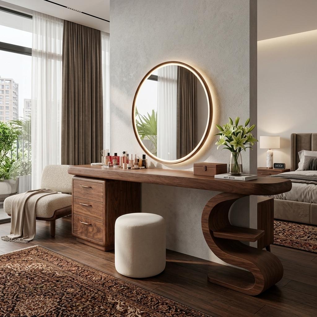 Spry Interior Modern Sculptural Vanity Table, Elegant Wooden Makeup Dressing Desk Console with Storage for Bedroom & Studio, SITHTTMV021