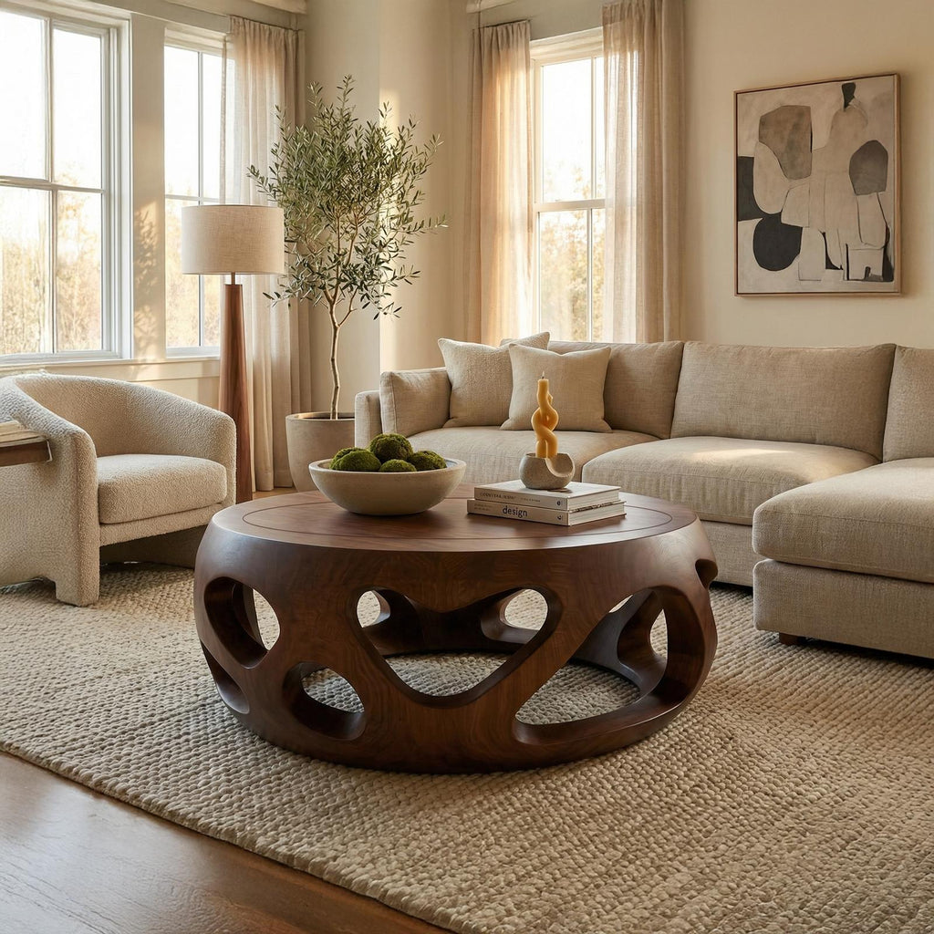Spry Interior Organic Coffee Table, Solid Wood Circular Hollow Sculptural Center Table, Modern Living Room Furniture, SINLSACF352
