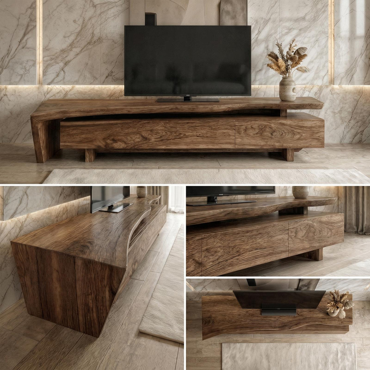 Sculptural Rustic TV Cabinet Solid Wood Living Room