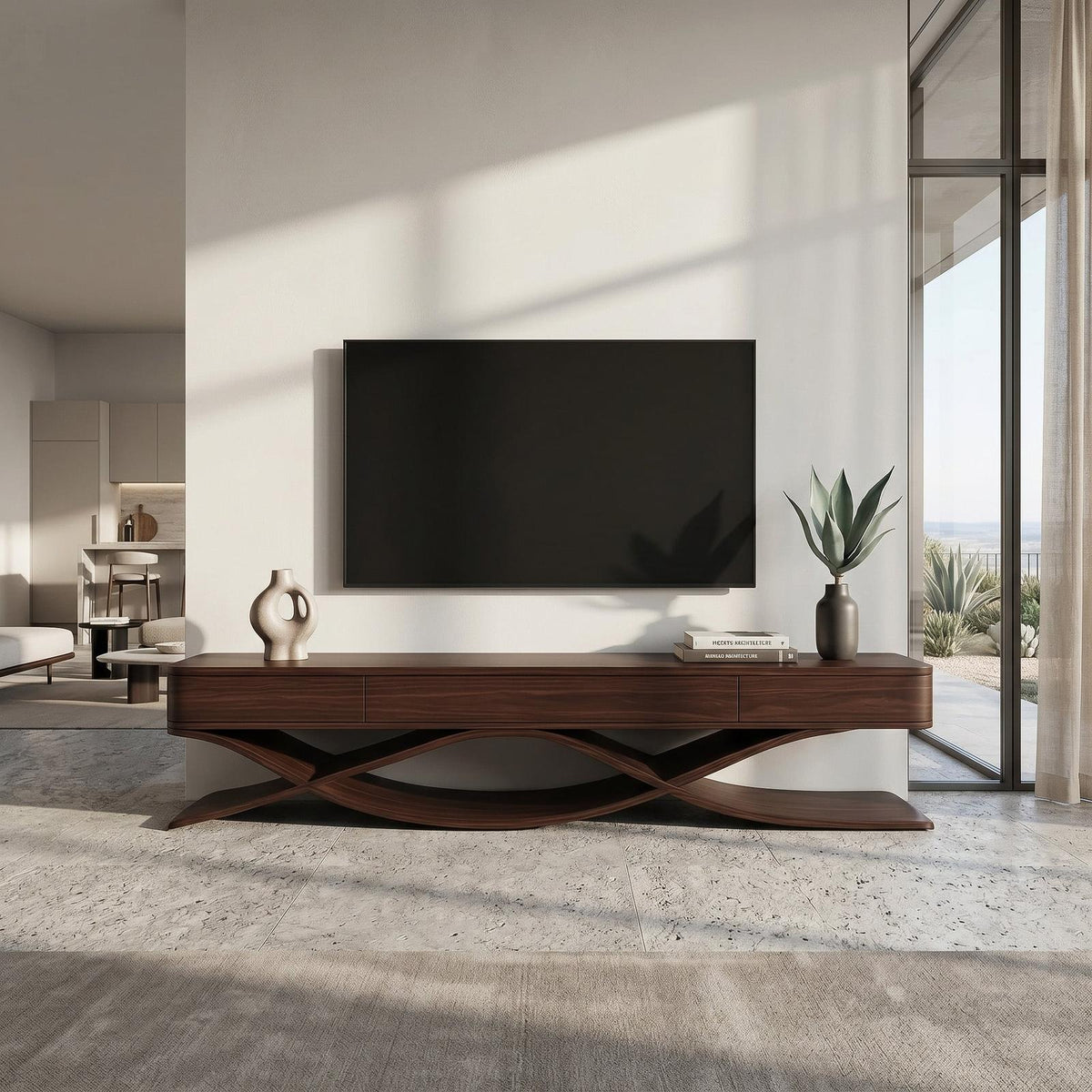 Modern TV Console With Interlocking Sculptural Base For Living Room