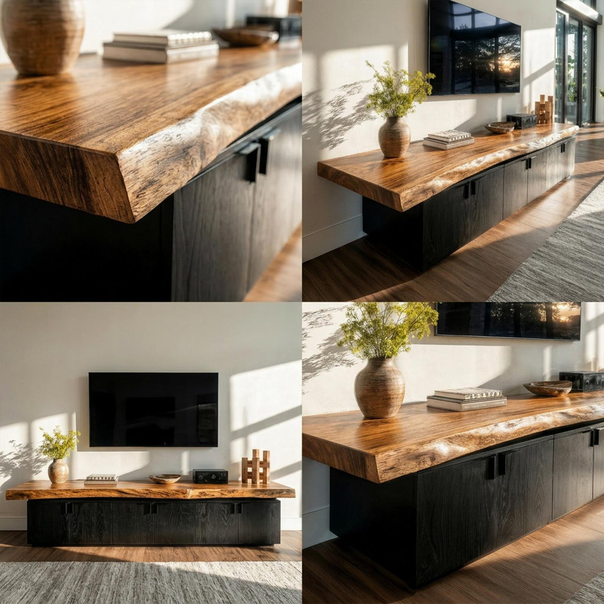 Contemporary TV Cabinet, Solid Wood Media Console Credenza with Multi-Storage for Living Room