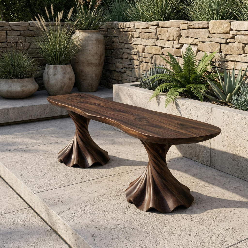 Spry Interior Rustic Bench, Solid Wood Twisted Spiral Pedestal Base Seating, Modern Entryway & Hallway Accent Bench, SINLHARS094