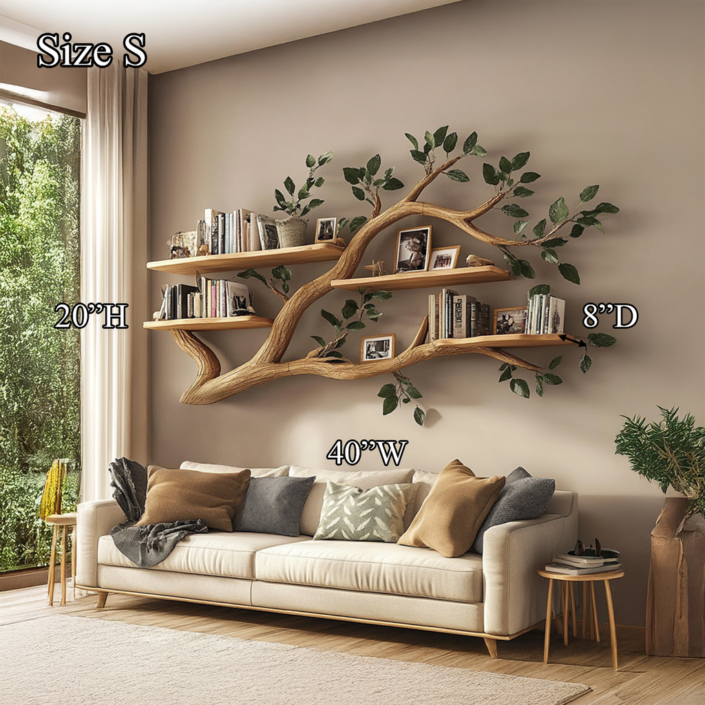 Rustic Wall Mounted Branch Bookshelf, Solid Wood Hanging Floating Bookcase & Decorative Display for Living Room Storage