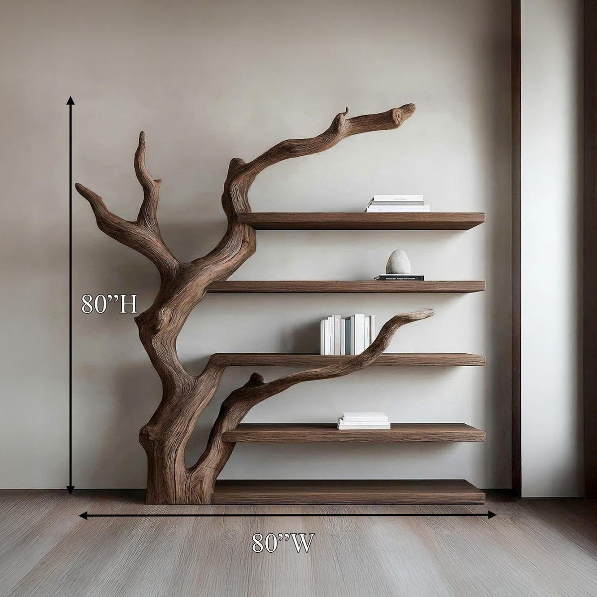 Rustic Tree-Inspired Floating Wall Shelf, Wood Branch Book & Plant Display Shelving
