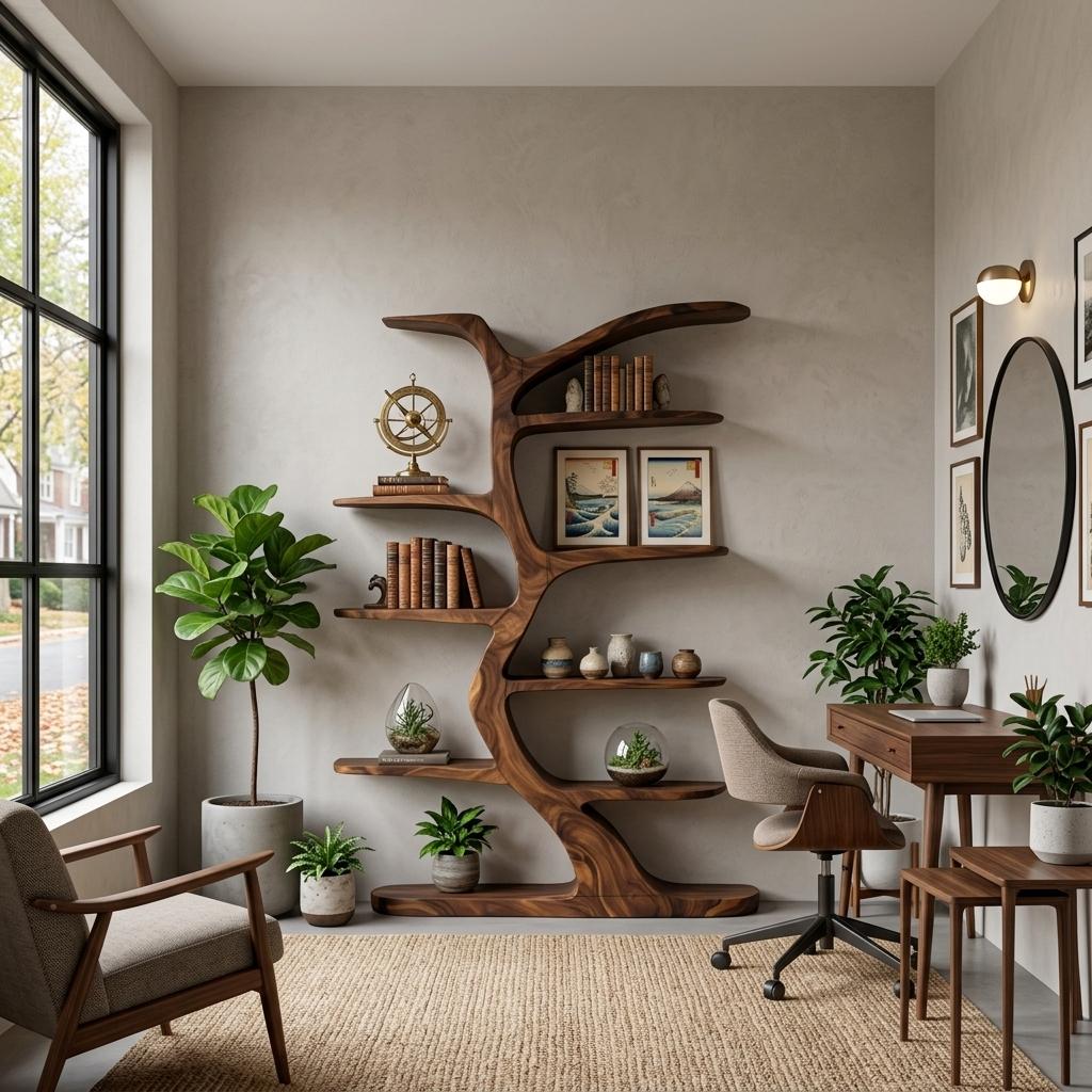 Modern Tree-Inspired Bookshelf, Handcrafted Wood Bookcase with Curved Branches for Living Room & Nursery Decor