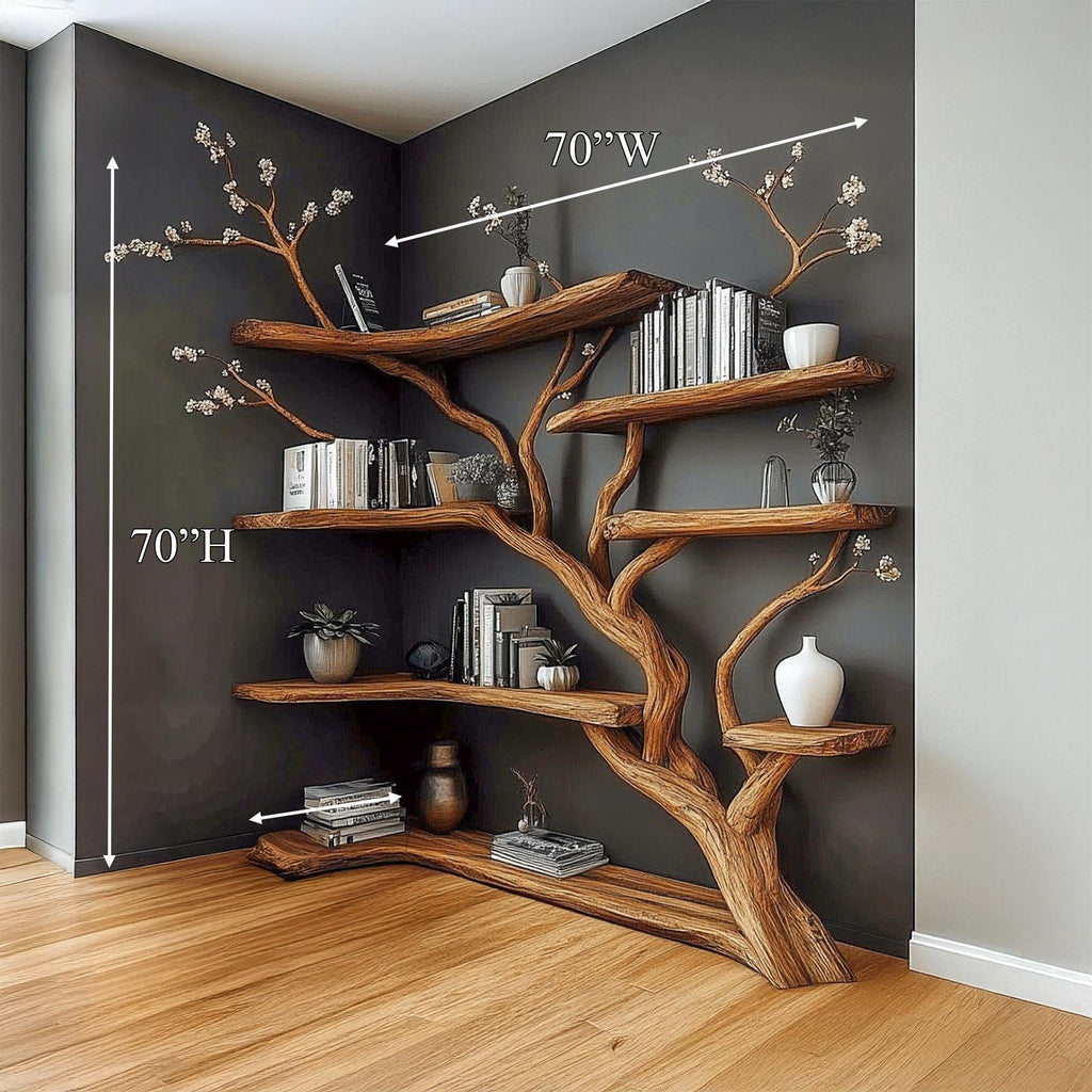 Spry Interior Handcrafted Tree Corner Storage Shelf, Wood Branch Corner Bookcase for Cozy Living Room Interior Feature Decor, SINLSATB647