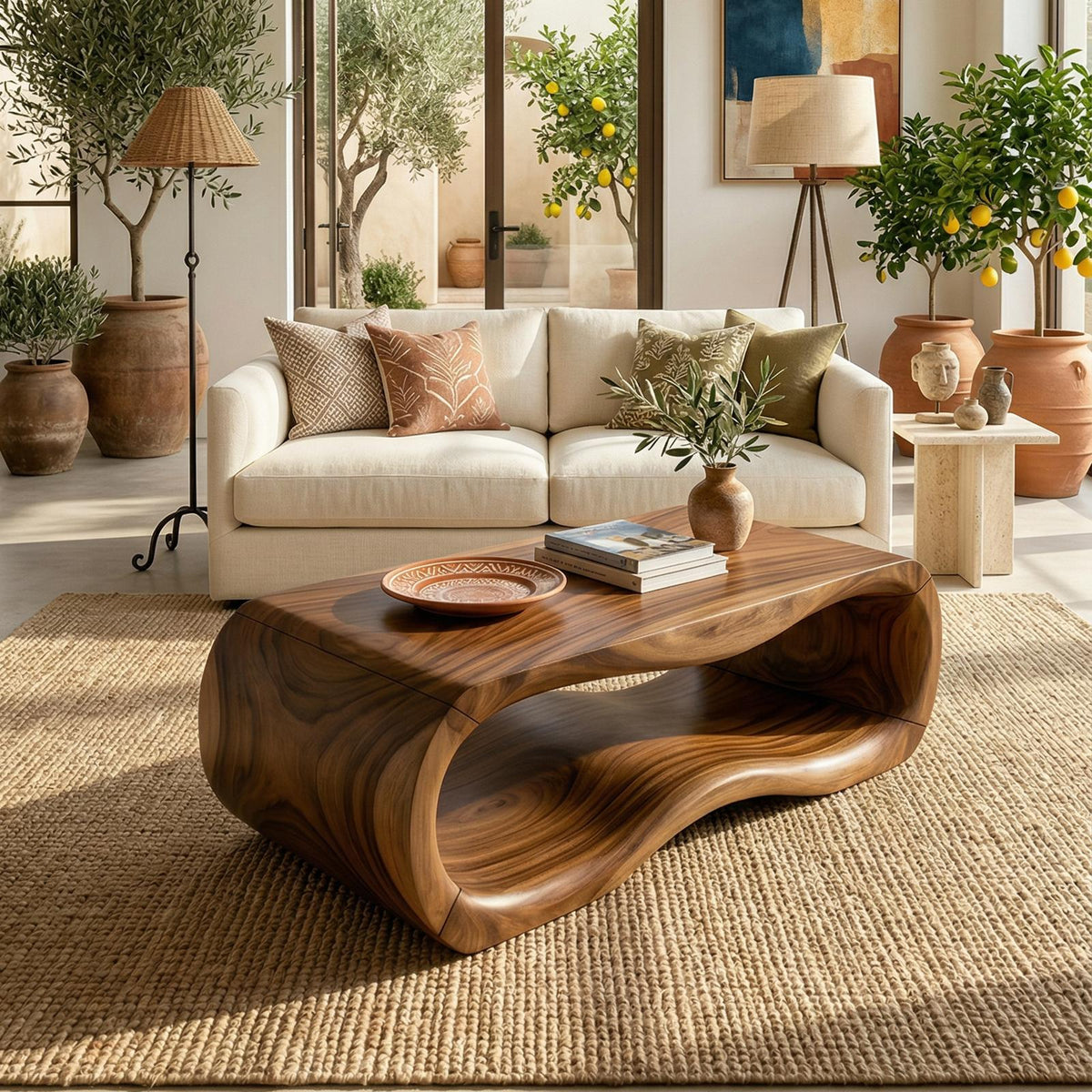 Luxury Sculptural Wood Coffee Table, Solid Wood Contemporary Accent Center Table for Designer Villa and Living Room