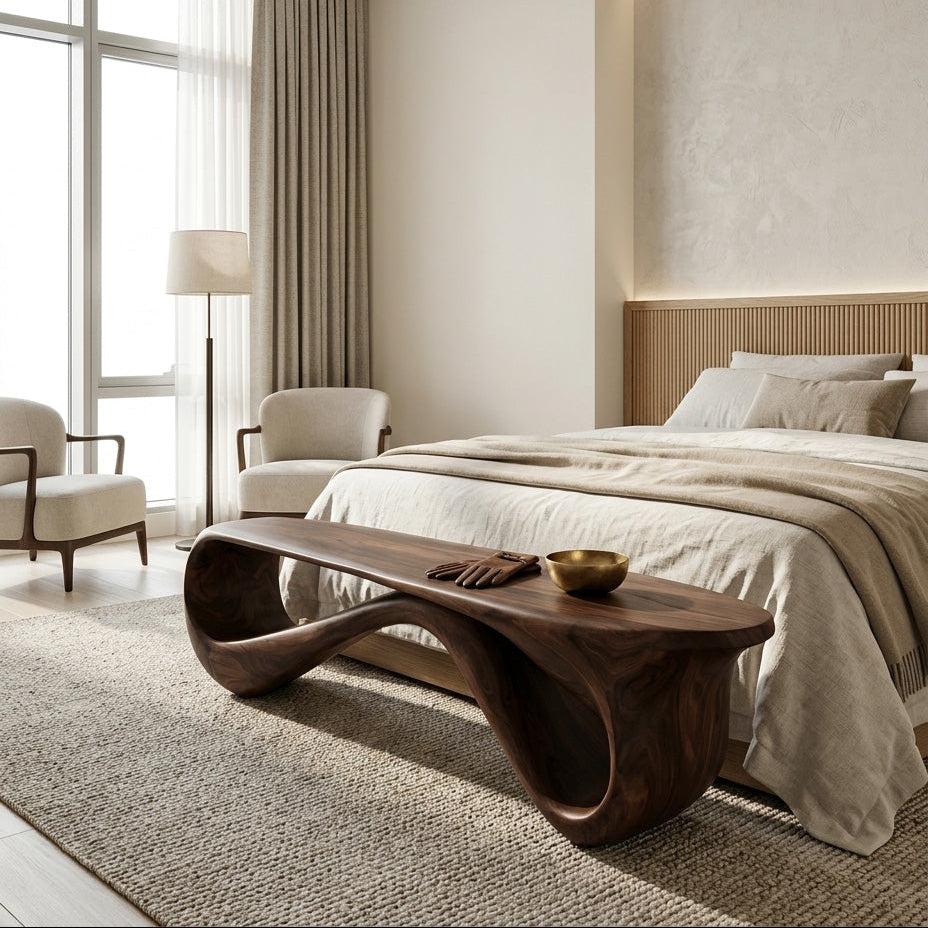 Contemporary Natural Wood Bench, Rustic Entryway Hallway Seating, Solid Timber Accent Dining Bench for Home