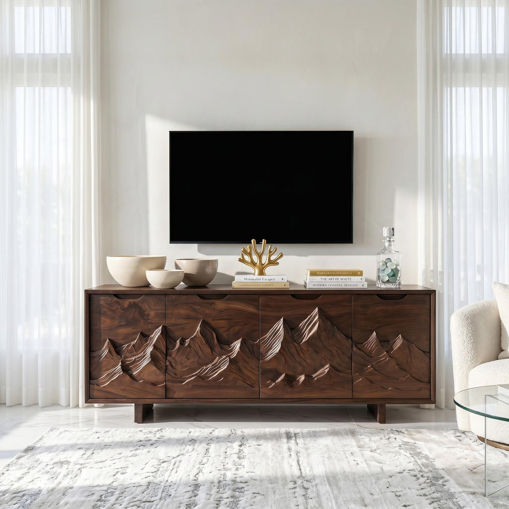Mountain Carved Wood Media Console Table, Handcrafted Rustic 3D Forest TV Stand for Cabin Living Room Decor
