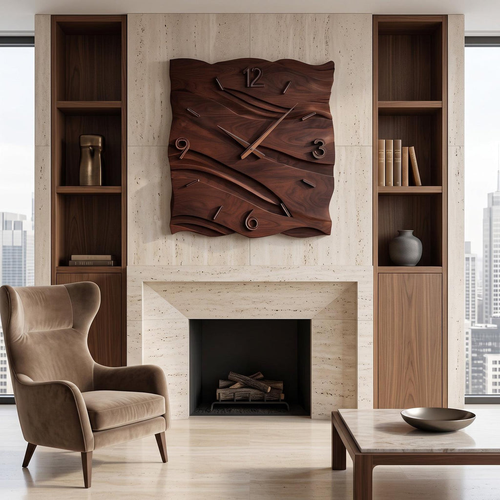 Organic Modern Wood Wave Wall Clock, Handcrafted Solid Wooden Wavy Artistic Timepiece for Home Decor