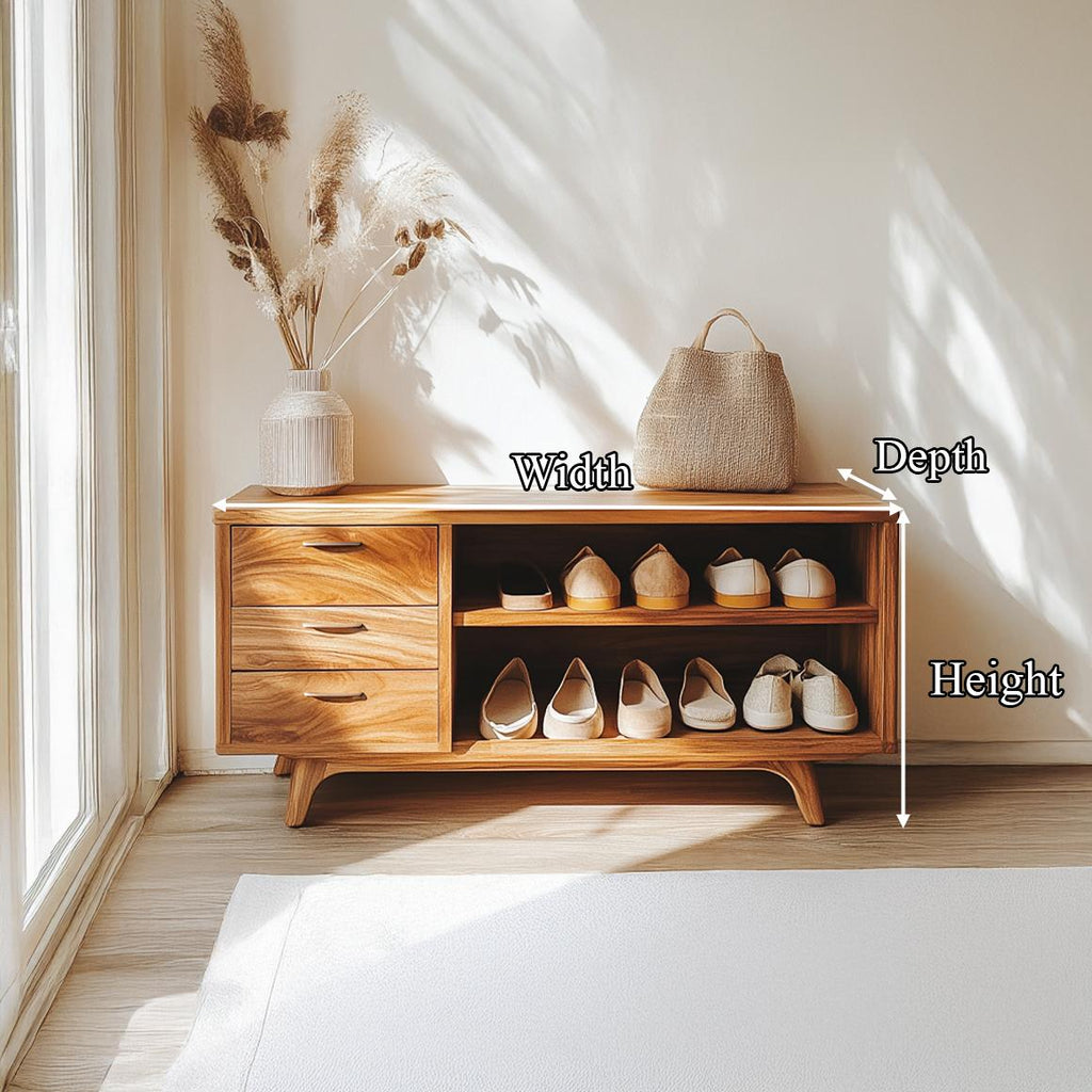 Mid Century Organic Shoe Storage Bench, Solid Natural Wood Entryway Cabinet Organizer for Creative Studio