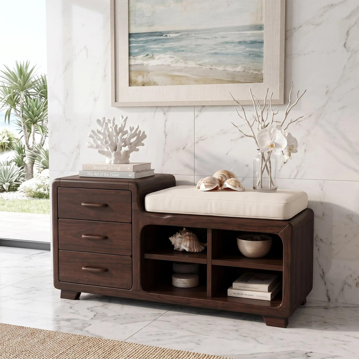 Modern Wooden Storage Bench Drawers Cushion For Bedroom Decor