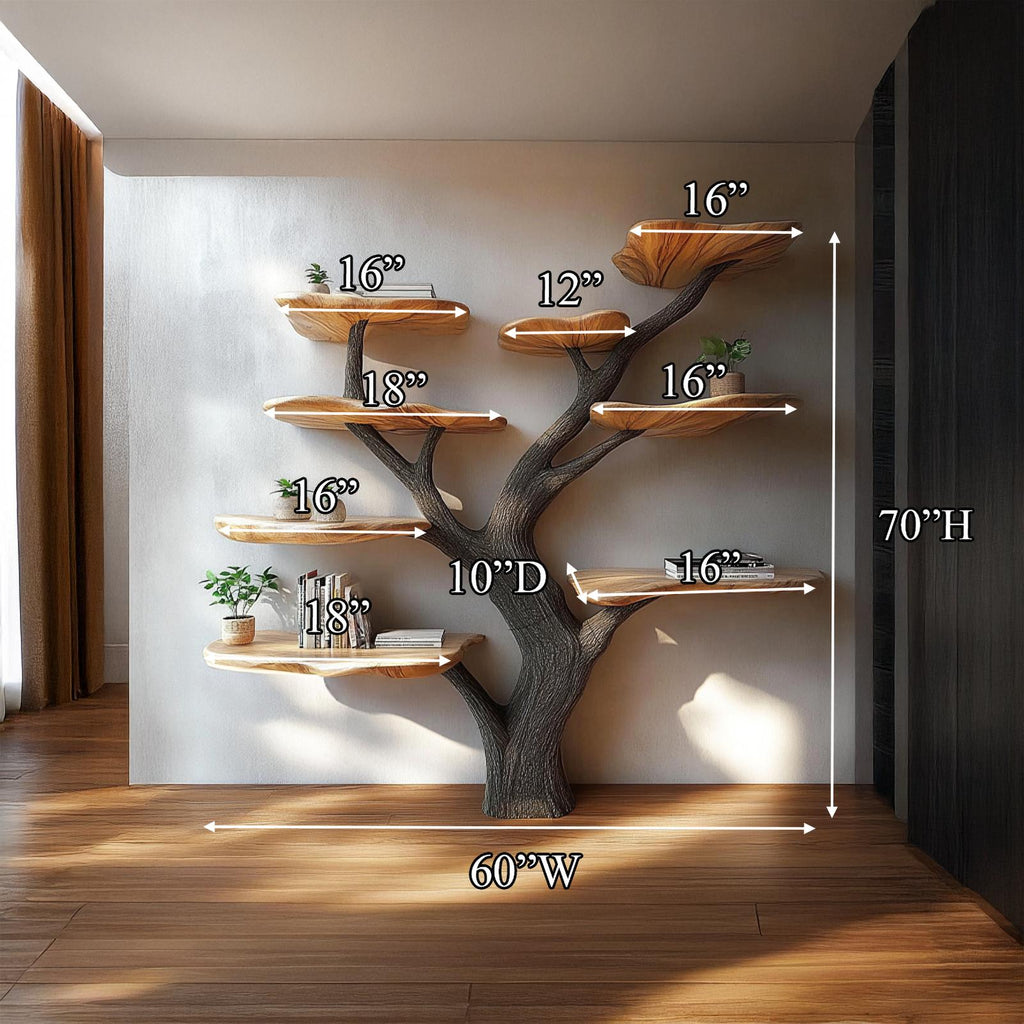 Rustic Mushroom Tree Bookshelf, Solid Wood Wall Mounted Display Shelf for Bedroom & Study, Floating Bookcase