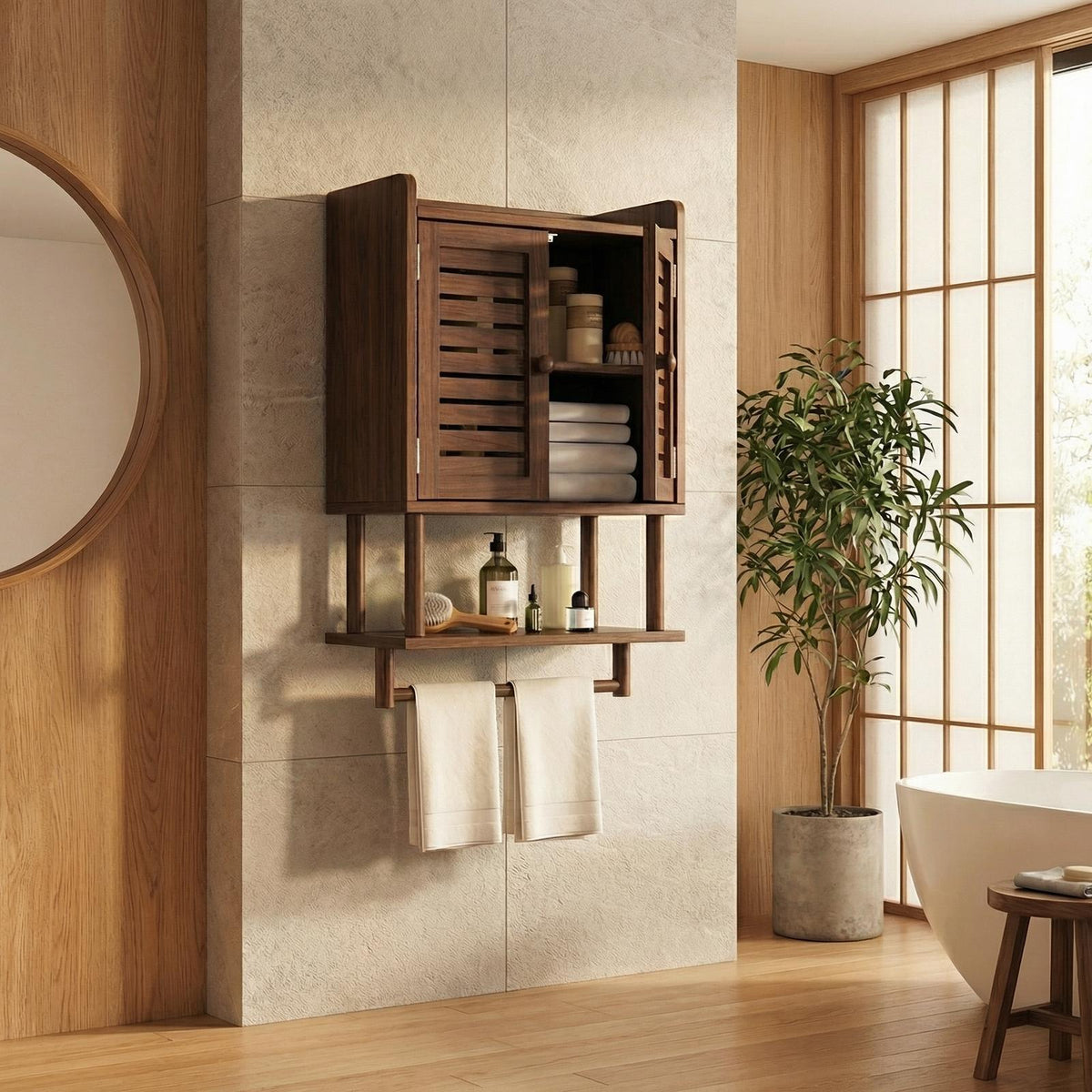 Solid Wood Bathroom Cabinet, Rustic Wall-Mounted Storage Organizer Cupboard for Bathroom Space