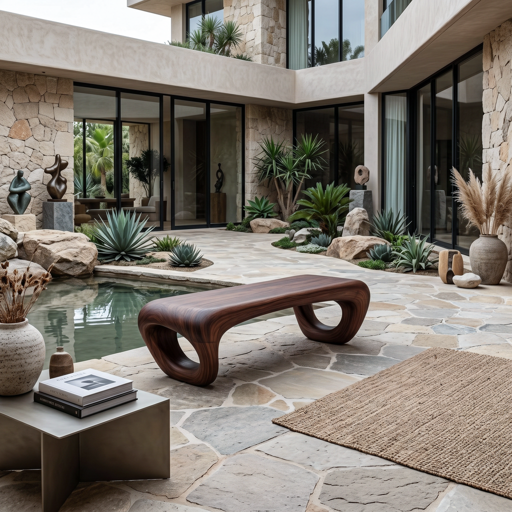 Modern Sculptural Outdoor Bench, Weather-Resistant Handcrafted Solid Wood Garden Patio Bench Seating & Park Furniture