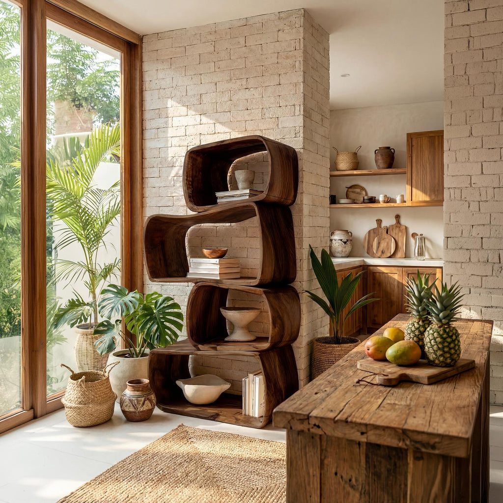 Rustic Farmhouse Abstract Bookshelf, Geometric Wooden Bookcase Cabinet for Apartment & Living Room