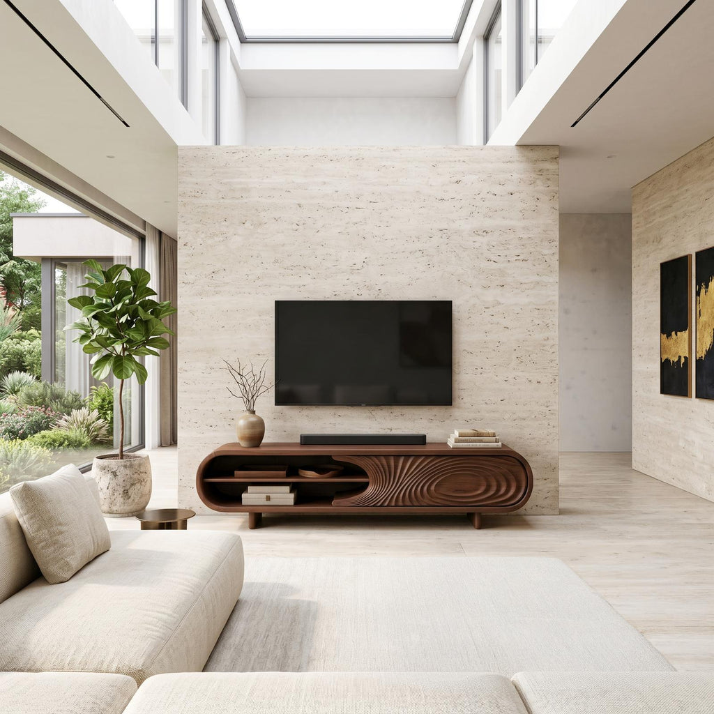Modern Sculptural Wood TV Stand With Curved Grain Pattern For Living Room