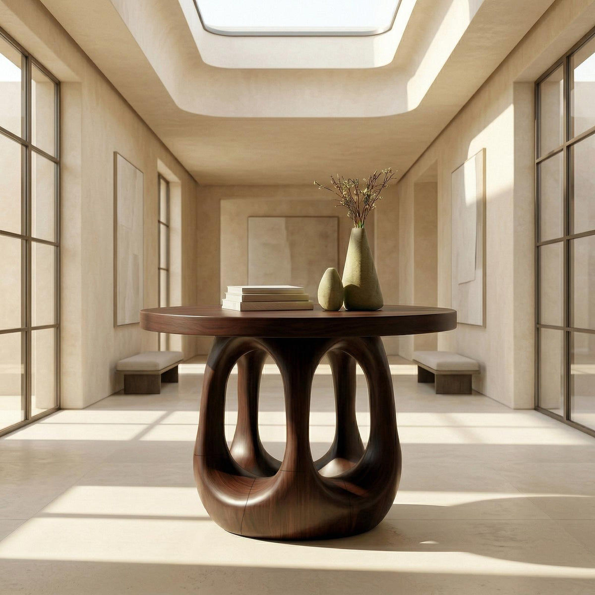 Modern Sculptural Foyer Table, Solid Wood Entryway Table, Geometric Pedestal Accent for Living Room