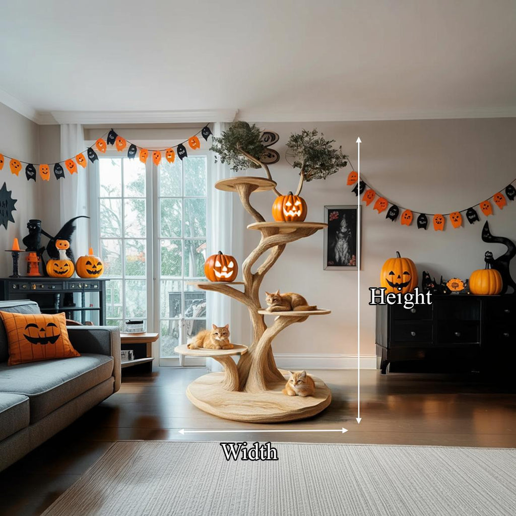 Rustic Real Wood Cat Tree Tower, Multi-Level Branch Cat Climbing Tree, Spooky Gothic Living Room Cat Furniture
